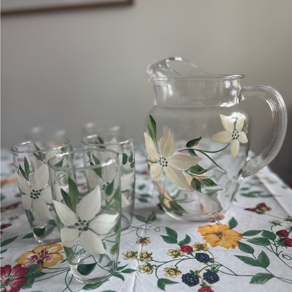 Other - Floral Glass Pitcher and Tumblers Set